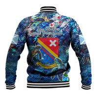 Unisex blue baseball jacket with sea turtle print and back flag patch, striped ribbed cuffs