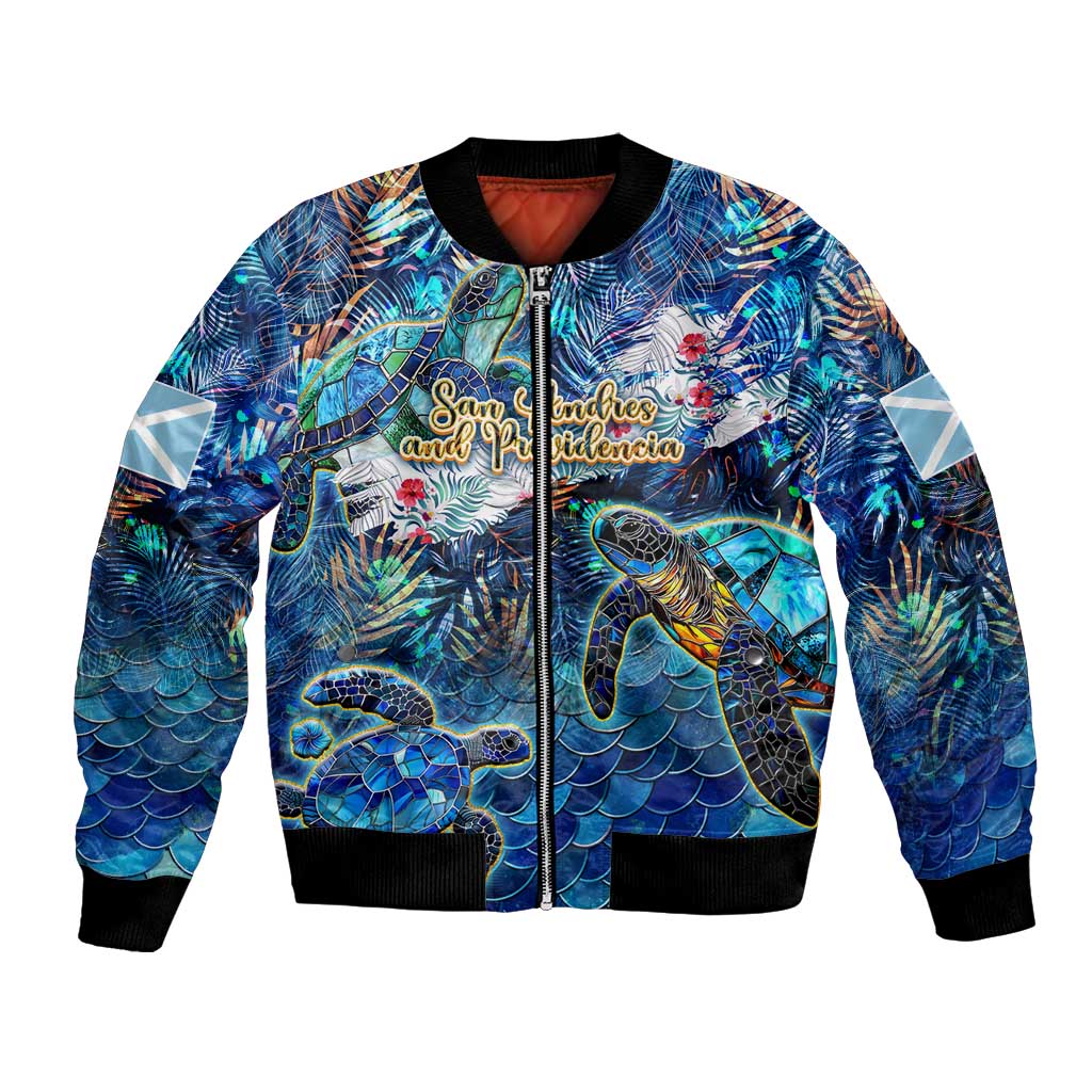 Unisex bomber jacket with sea turtle tropical print, full-zip, black ribbed trim