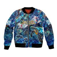 Unisex bomber jacket with sea turtle tropical print, full-zip, black ribbed trim