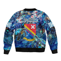 Unisex bomber jacket with sea turtle tropical print, back graphic with crest, black ribbed trim