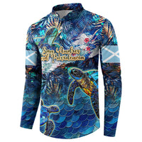 Blue button sweatshirt, long sleeves, sea turtle tropical pattern