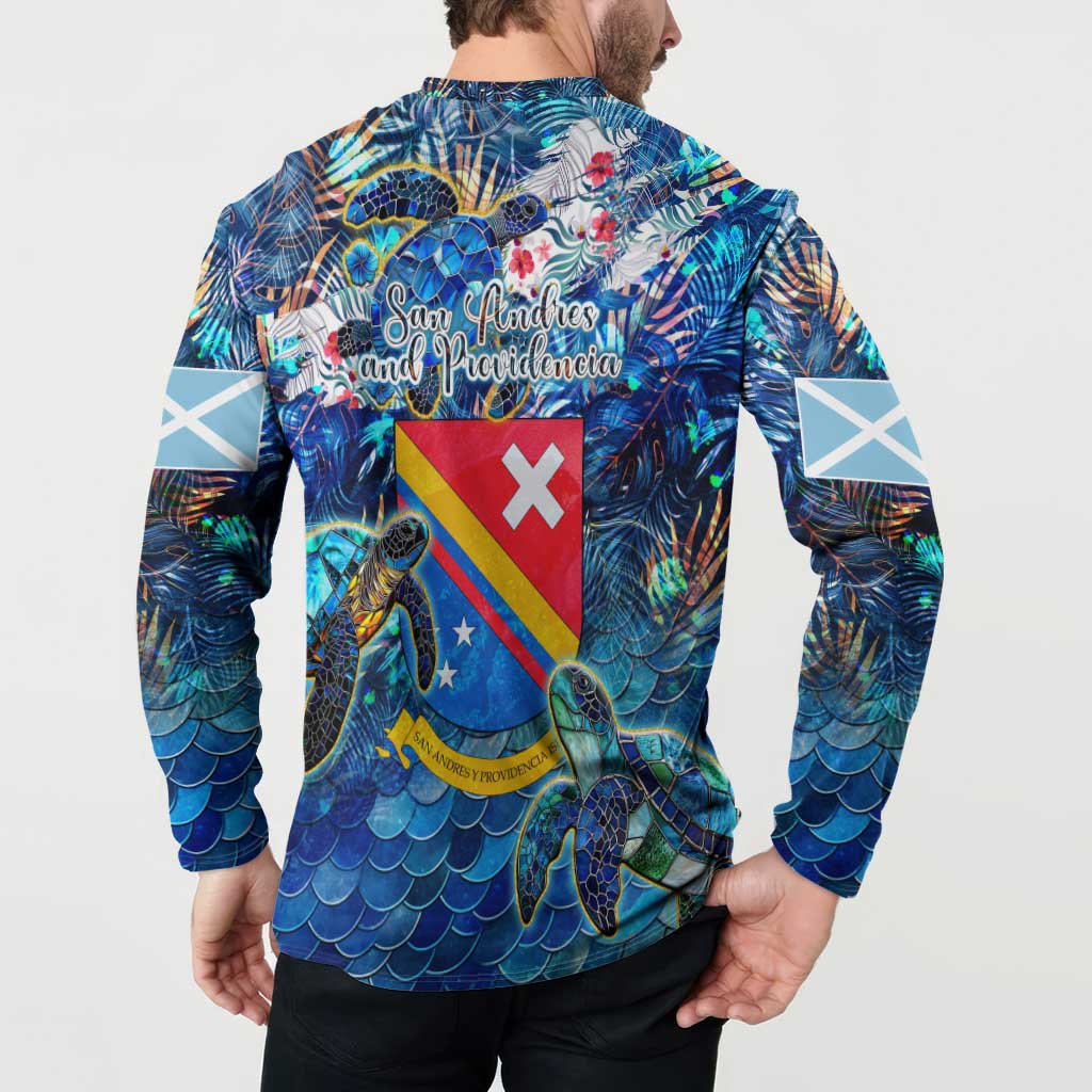 Blue button sweatshirt back graphic, sea turtle collage and colorful flag