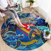 Blue round sea turtle tropical rug, large center graphic with flag stripes and text