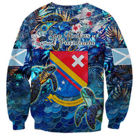 Blue unisex sweatshirt with sea turtle tropical pattern and flag graphic
