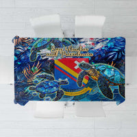 Blue sea turtle tablecloth with tropical pattern and multicolor graphics, rectangular design.