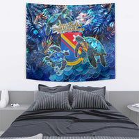 Rectangular blue sea turtle tapestry featuring turtle, ocean waves, and leaf foliage pattern