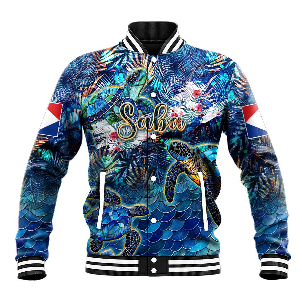 Blue baseball jacket with sea turtle tropical print, striped collar, ribbed cuffs, snap front