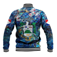 Blue baseball jacket back view with sea turtle tropical print and crest graphic, striped collar