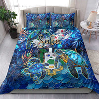 Blue sea turtle tropical bedding set on bed with two matching pillowcases
