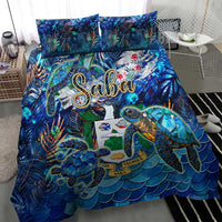 Blue sea turtle tropical duvet set with 'Saba' graphic and matching pillow pair