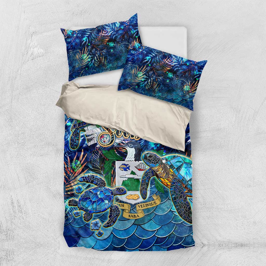Blue sea turtle tropical duvet set with two pillowcases and 'Saba' graphic