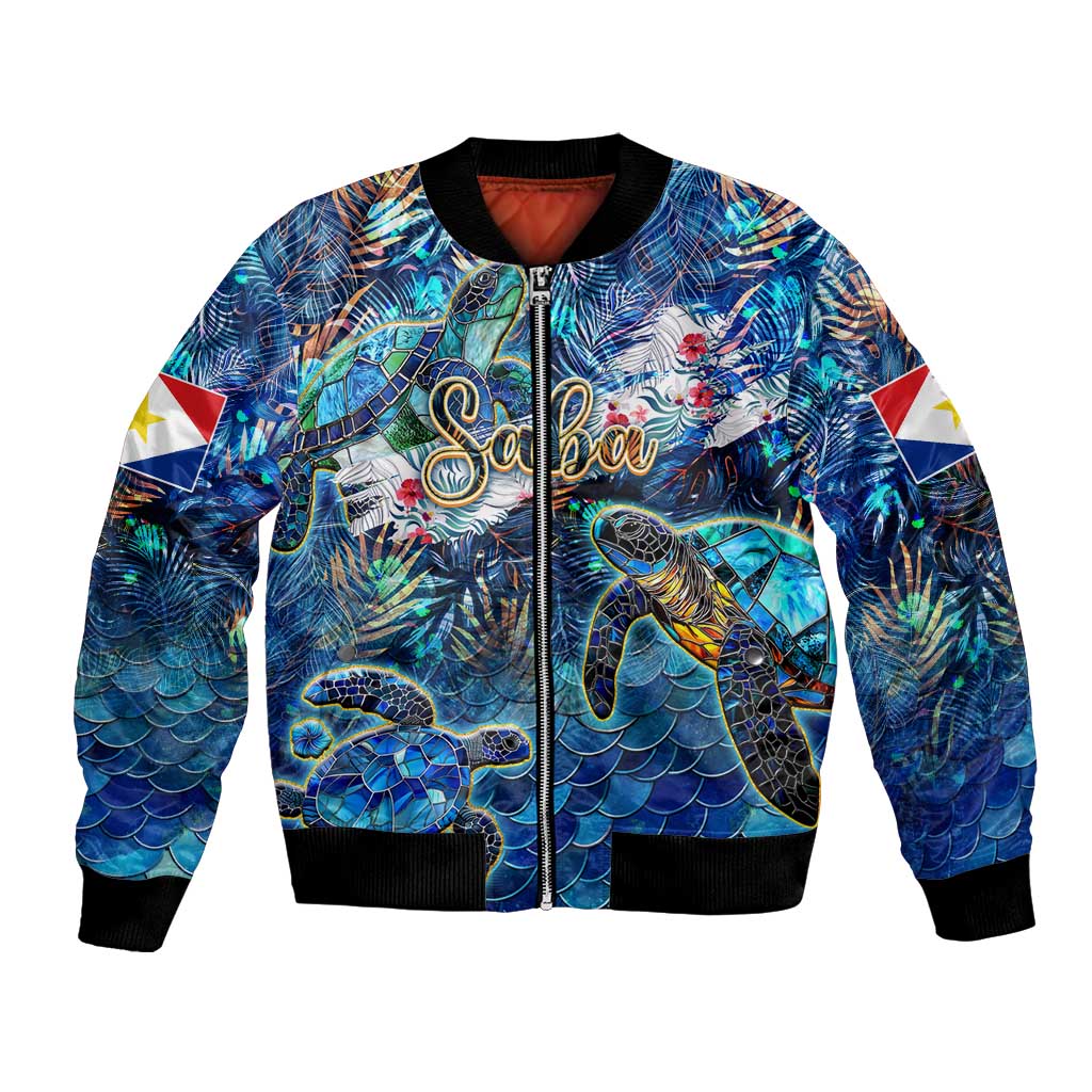 Unisex blue bomber jacket with sea turtle tropical print, zip front, black rib trim
