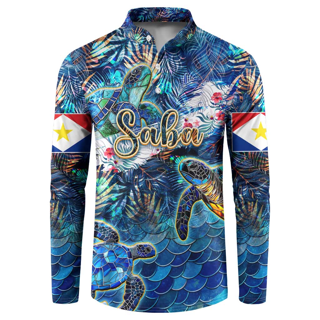 Blue long-sleeve sweatshirt with sea turtle graphic, Saba logo, tropical pattern