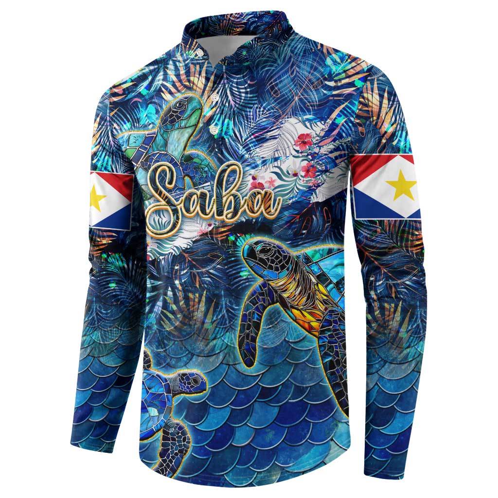 Blue long-sleeve sweatshirt with sea turtle graphic and Saba logo, flag sleeve accents