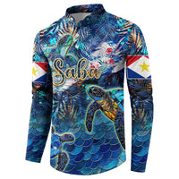Blue long-sleeve sweatshirt with sea turtle graphic and Saba logo, flag sleeve accents