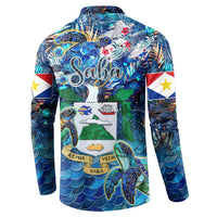 Blue long-sleeve sweatshirt with Saba name on back, sea turtle and map crest print