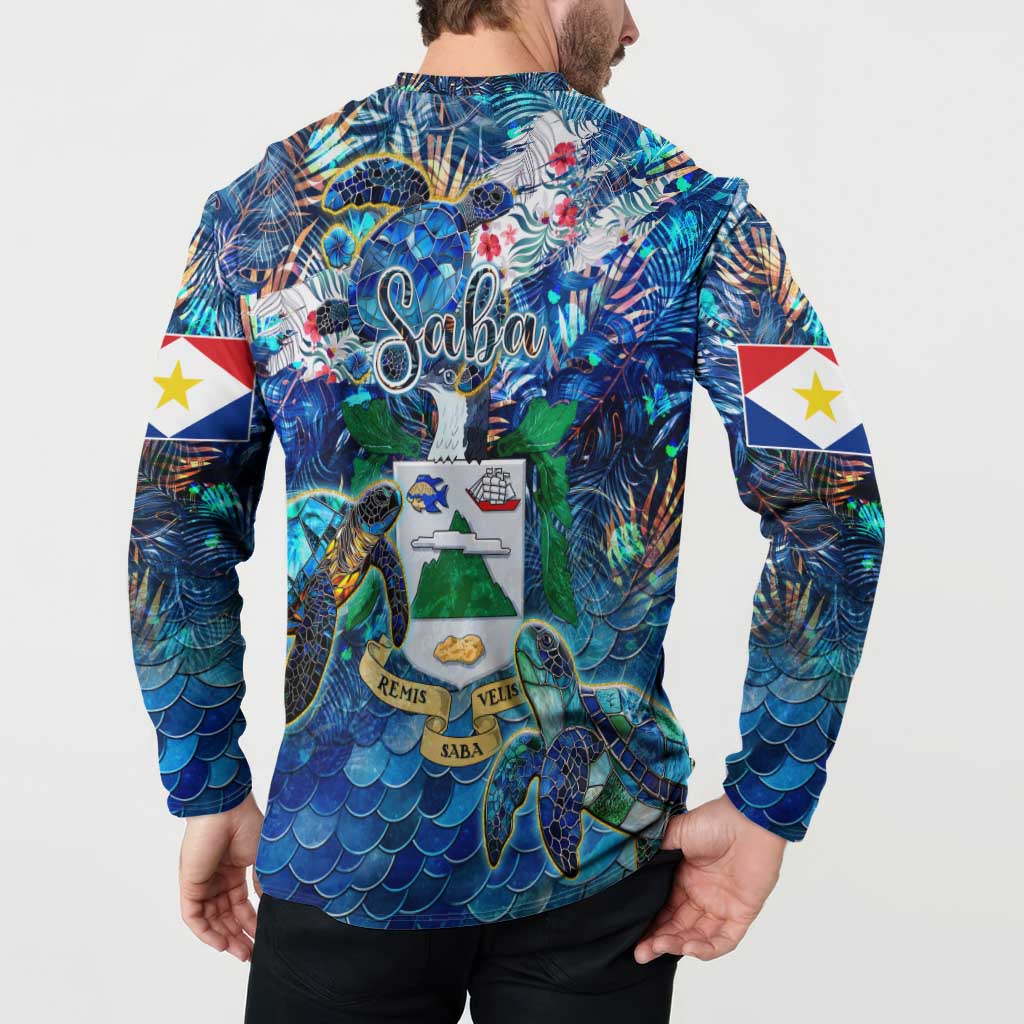 Blue long-sleeve sweatshirt back with Saba script and map crest featuring turtles