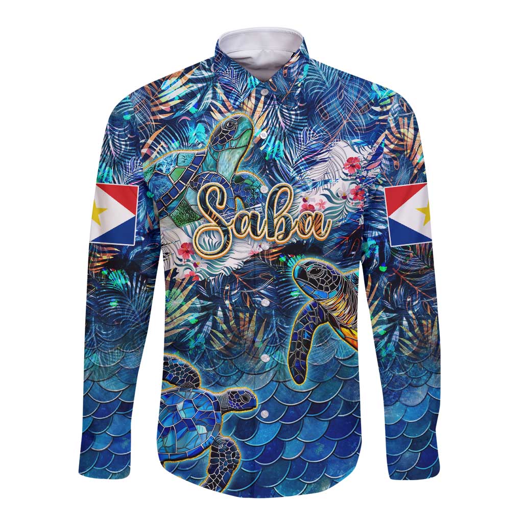Blue long-sleeve button shirt with sea turtle tropical print and Saba script