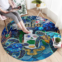 Round blue tropical sea turtle area rug with bright ocean animals and text accents