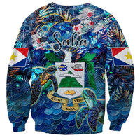 Saba blue sweatshirt with turtle, island map and tropical floral graphics, crewneck