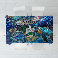 Saba sea turtle tropical tablecloth, blue with sea turtles and colorful wave patterns