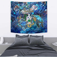 Blue sea turtle tapestry with tropical foliage and water-scale shell design