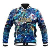 Blue baseball jacket with sea turtle tropical print, snap buttons and striped collar