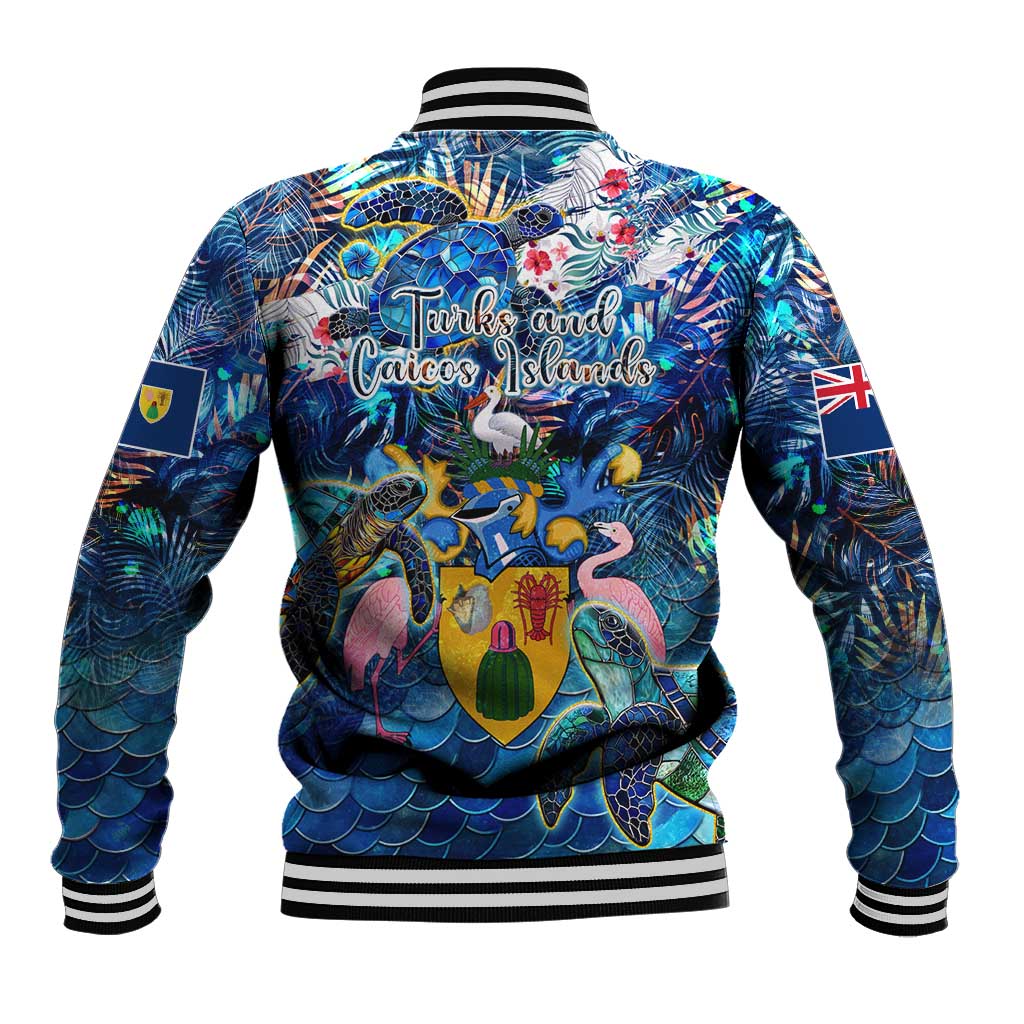 Blue baseball jacket, back view, sea turtle tropical pattern with striped ribbed hem