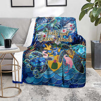 Blue tropical sea turtle blanket with “Turks and Caicos Islands” text and detailed sea life