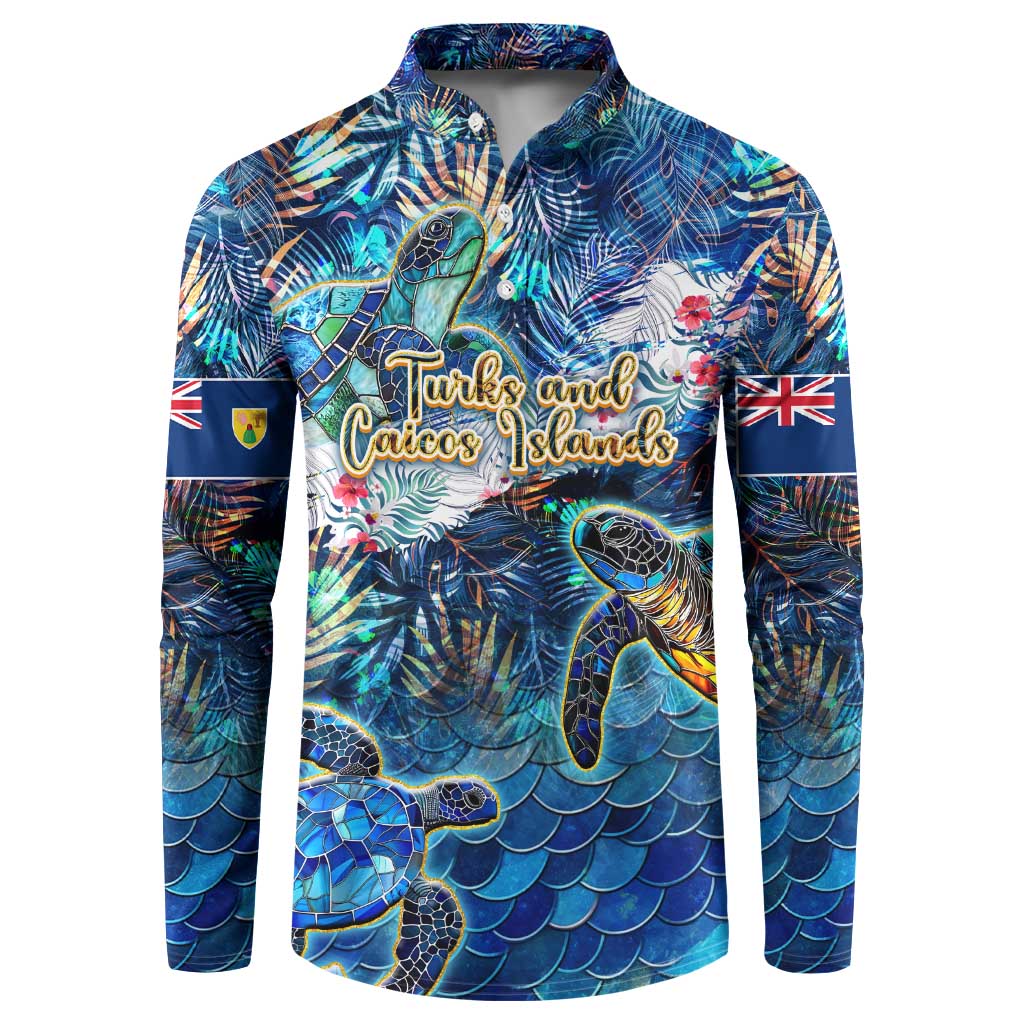 Blue button sweatshirt with sea turtle tropical graphic and mermaid-scale pattern