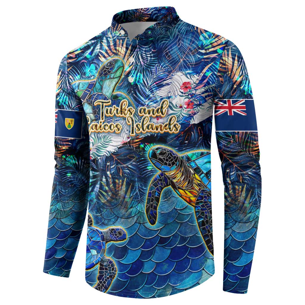 Blue button sweatshirt front with sea turtle, tropical plants, and island-style text