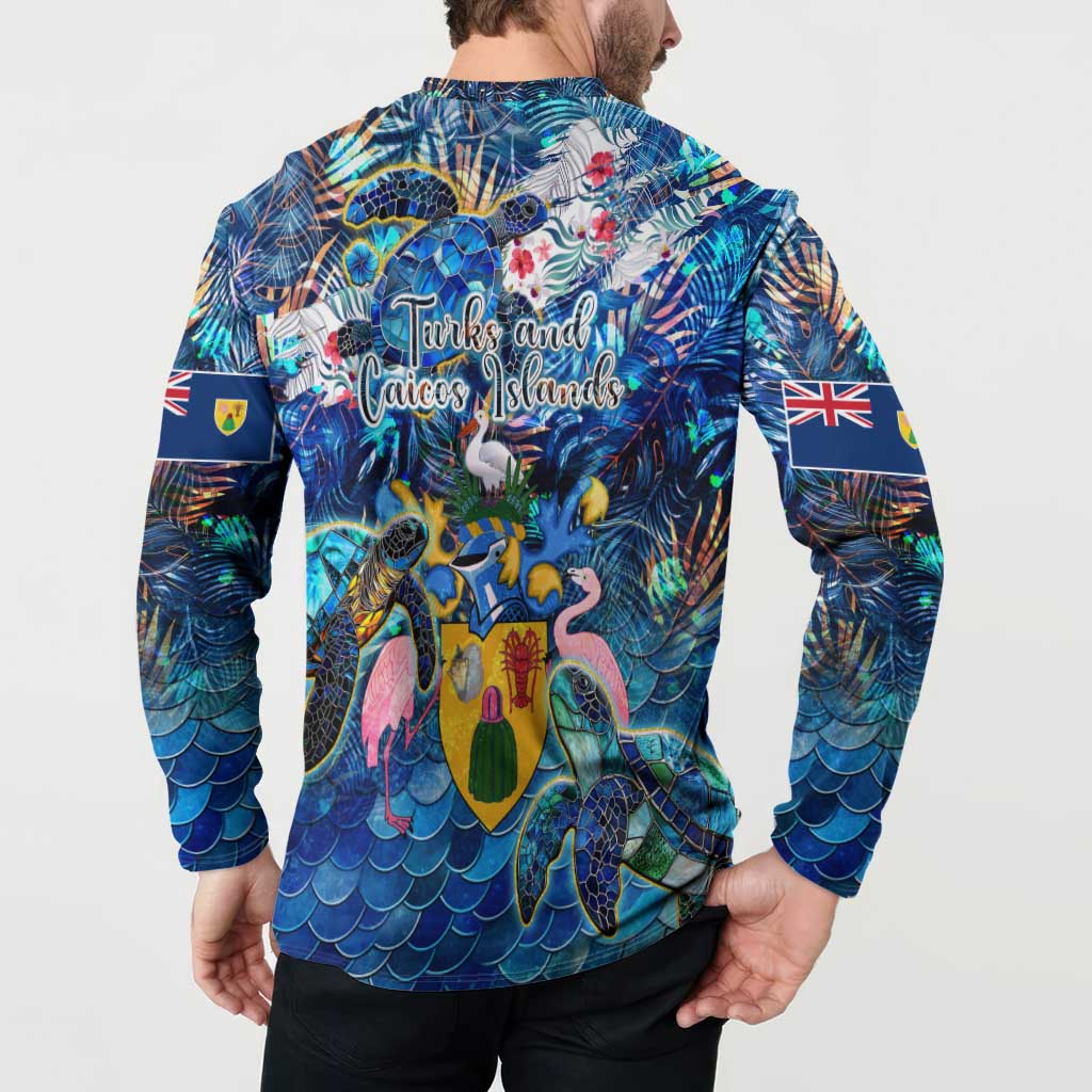 Blue sea turtle button sweatshirt back on model, tropical collage and island-style text