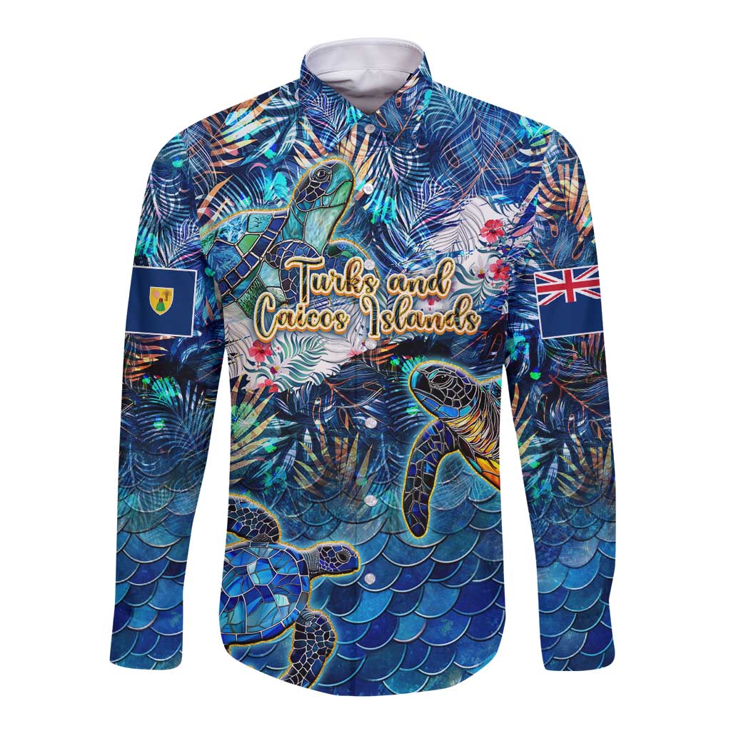 Blue long-sleeve button shirt with sea turtle tropical graphic, Turks and Caicos text