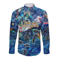 Blue long-sleeve button shirt with sea turtle tropical graphic, Turks and Caicos text