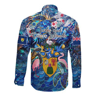 Blue long-sleeve button shirt, sea turtle print with Turks and Caicos Islands back graphic