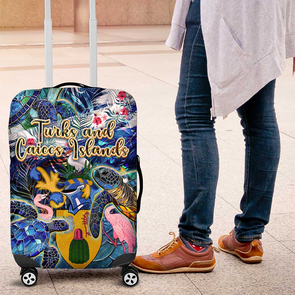 Blue sea turtle tropical luggage cover for wheeled suitcase, front view