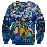 Unisex crewneck sweatshirt in blue with sea turtle collage pattern, long sleeves.