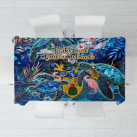 Blue sea turtle tropical tablecloth with colorful underwater graphics and decorative lettering
