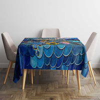 Blue sea turtle tropical tablecloth on dining table with matching ocean-scale pattern