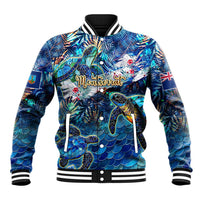 Unisex blue baseball jacket with sea turtle tropical print, snap buttons, ribbed collar
