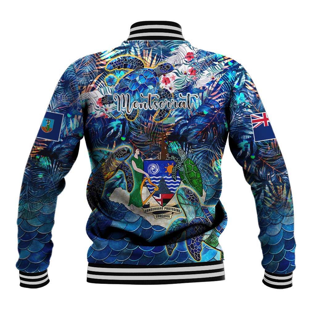 Unisex blue baseball jacket back with sea turtle tropical print, ribbed hem and cuffs