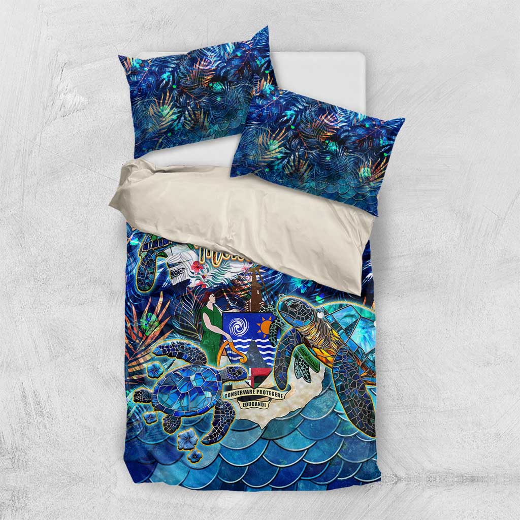 Blue sea turtle tropical bedding set with duvet cover and two pillowcases, folded view