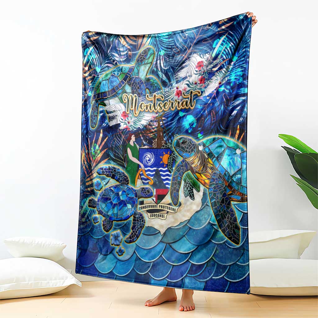 Blue sea turtle tropical print blanket draped, featuring turtles, waves, and tropical plants