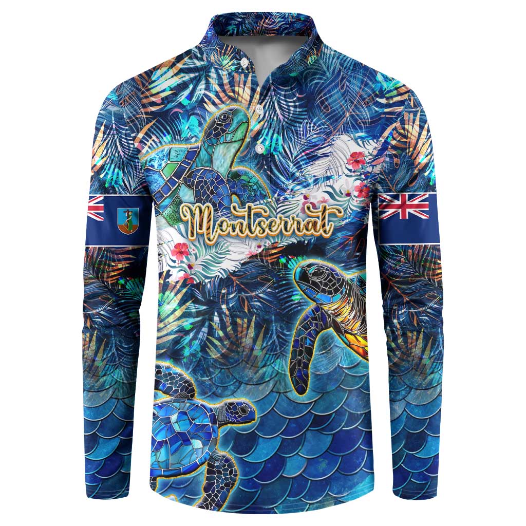 Blue button-collar sweatshirt with sea turtle tropical print and long sleeves, front view