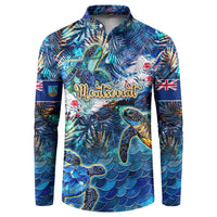 Blue button-collar sweatshirt with sea turtle tropical print and long sleeves, front view