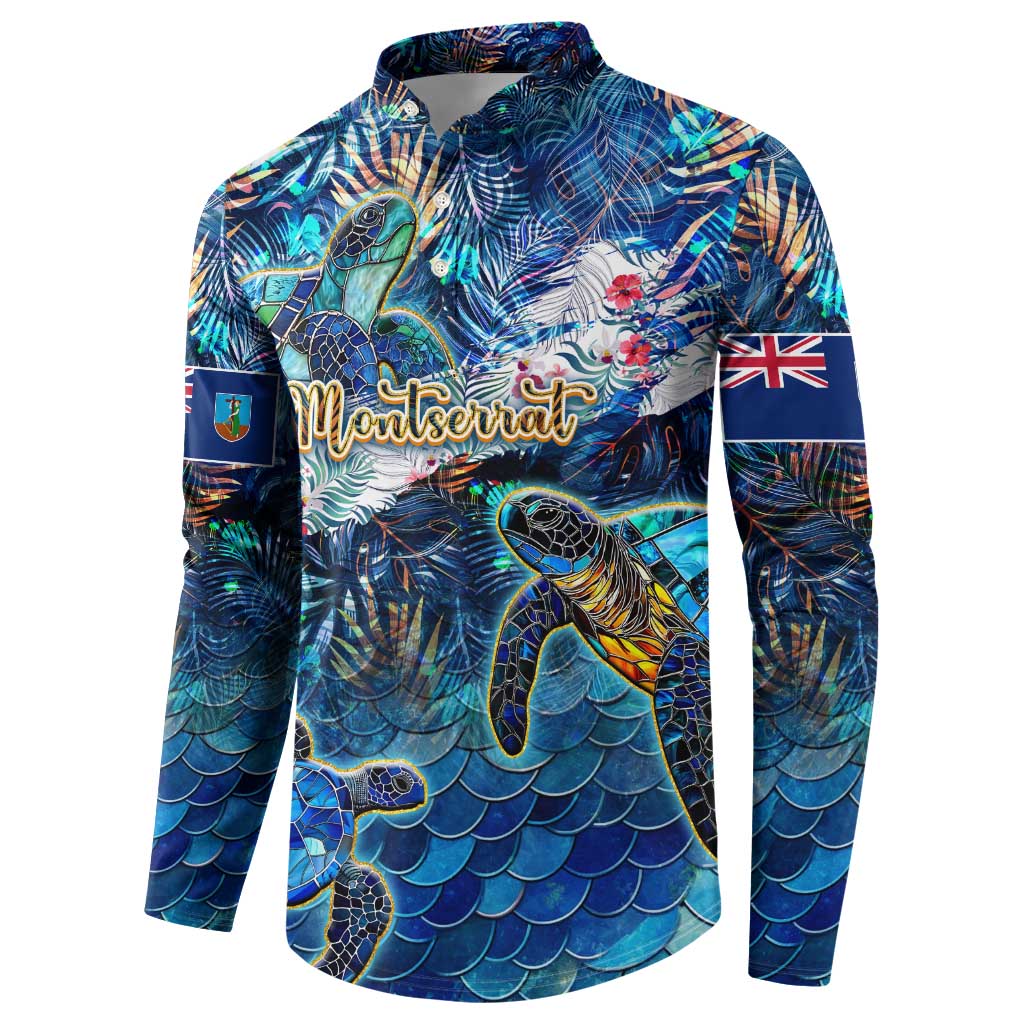 Blue button-collar sweatshirt with sea turtle tropical print and long sleeves, angled front