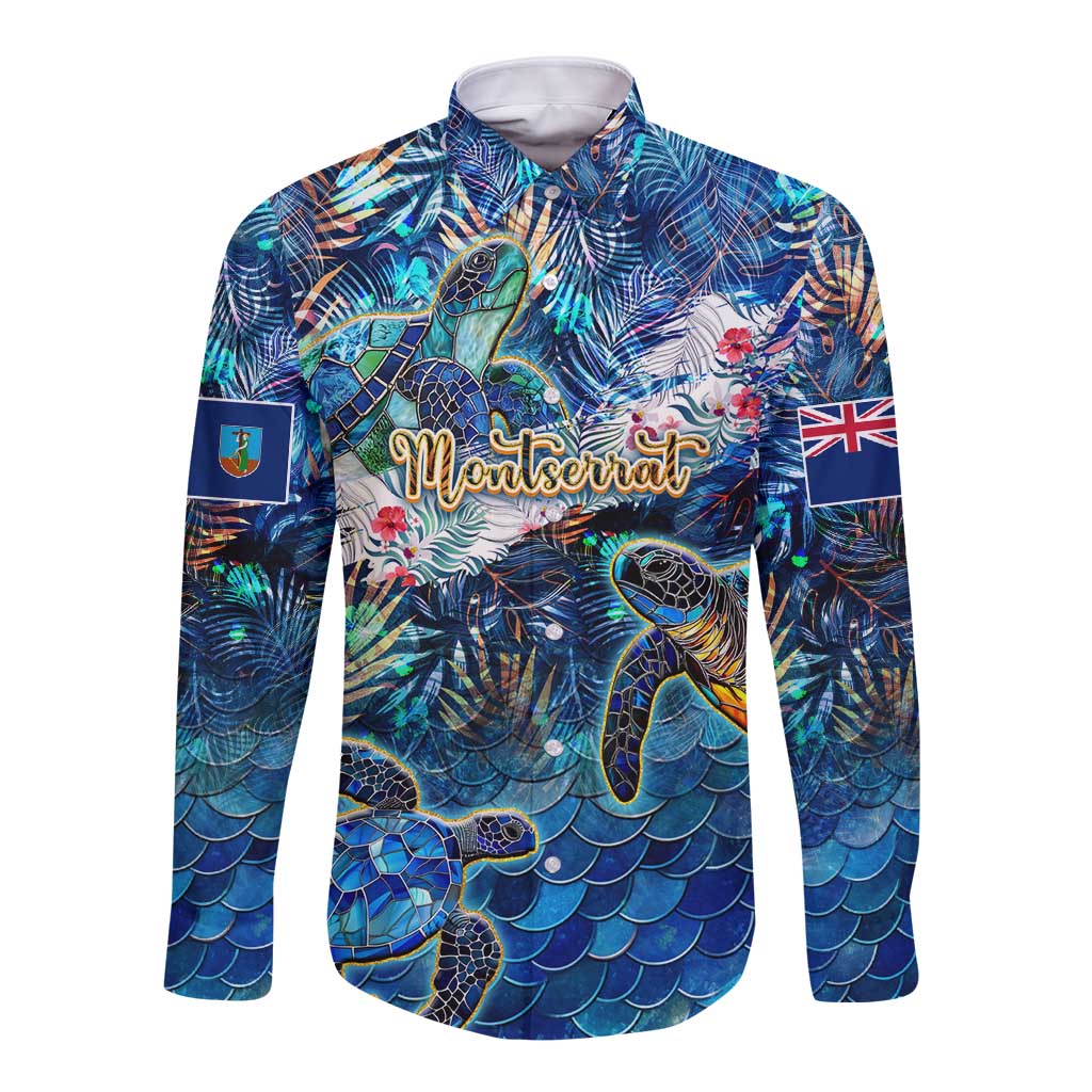 Long-sleeve button shirt in blue with sea turtle tropical print and pocket graphic