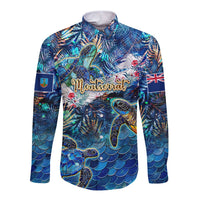 Long-sleeve button shirt in blue with sea turtle tropical print and pocket graphic