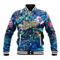 Unisex blue baseball jacket with sea turtle tropical print, striped rib collar and cuffs