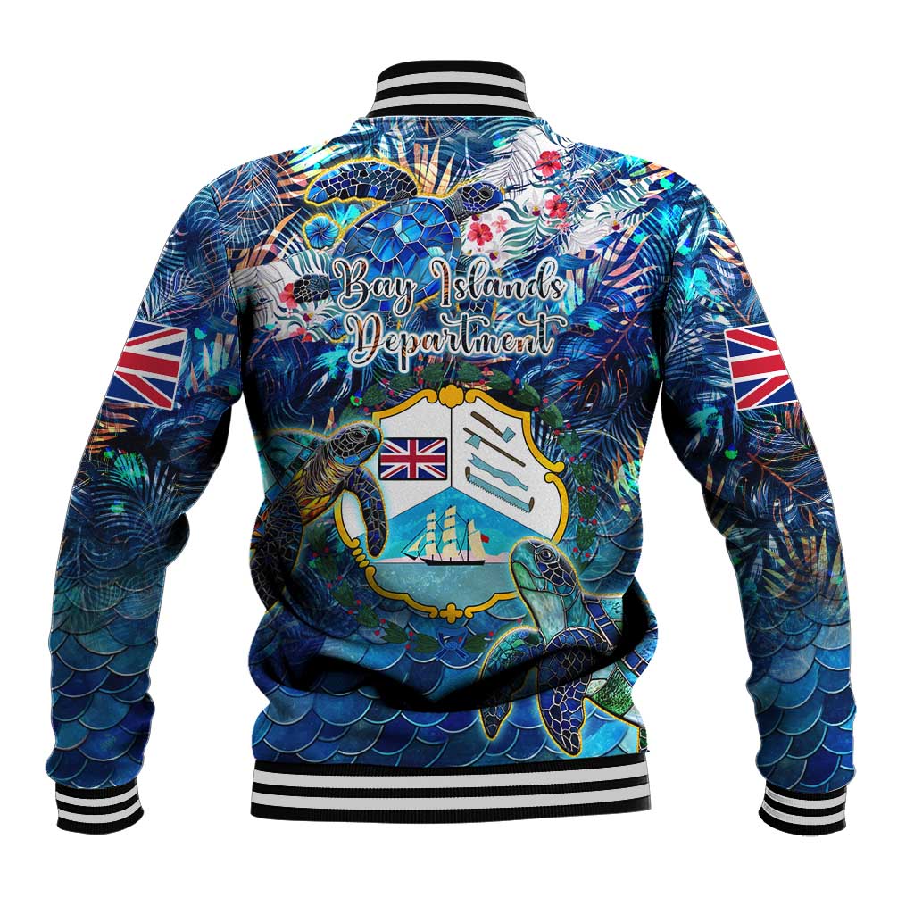 Unisex blue back-print baseball jacket with sea turtle tropical pattern and badge patch
